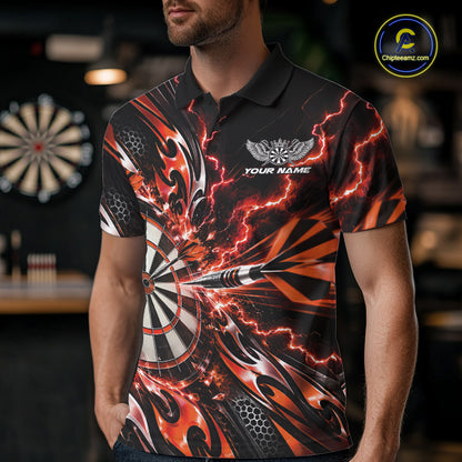 Custom Orange Tribal Lightning Dart Polo Shirt For Men, Dart Team Tournament Shirt IPHW12607