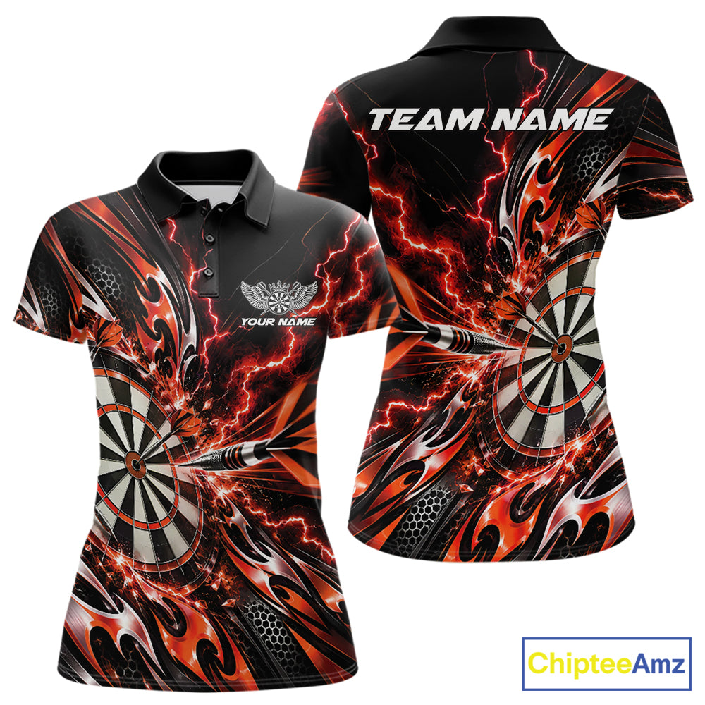 Custom Orange Tribal Lightning Dart Polo Shirt For Women, Dart Team Tournament Shirt IPHW12607