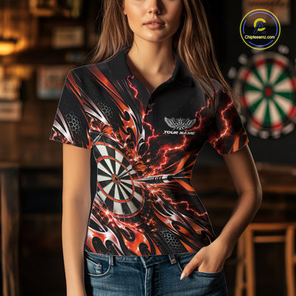 Custom Orange Tribal Lightning Dart Polo Shirt For Women, Dart Team Tournament Shirt IPHW12607