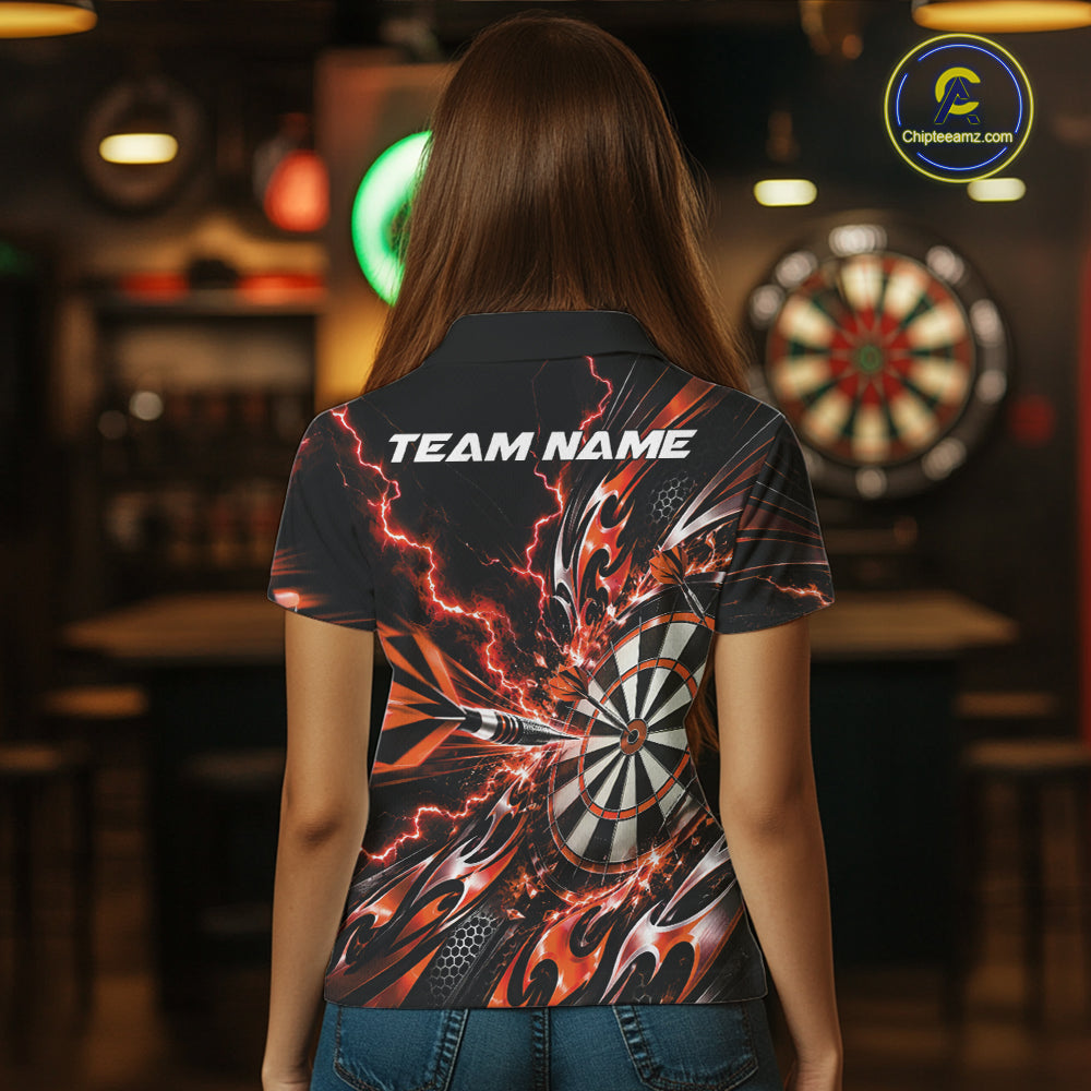 Custom Orange Tribal Lightning Dart Polo Shirt For Women, Dart Team Tournament Shirt IPHW12607