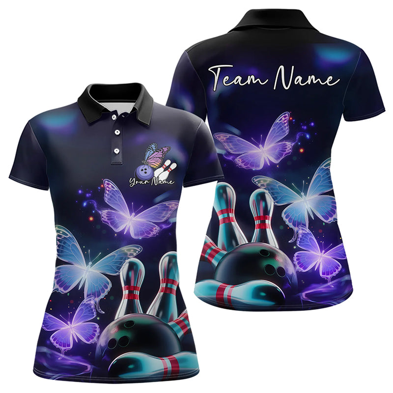 Custom Butterfly Bowling Polo Shirts For Women, Bowling Team Shirt With Butterflies IPHW8147