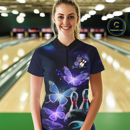Custom Butterfly Bowling Quarter-Zip Shirts For Women, Bowling Team Shirt With Butterflies IPHW8147