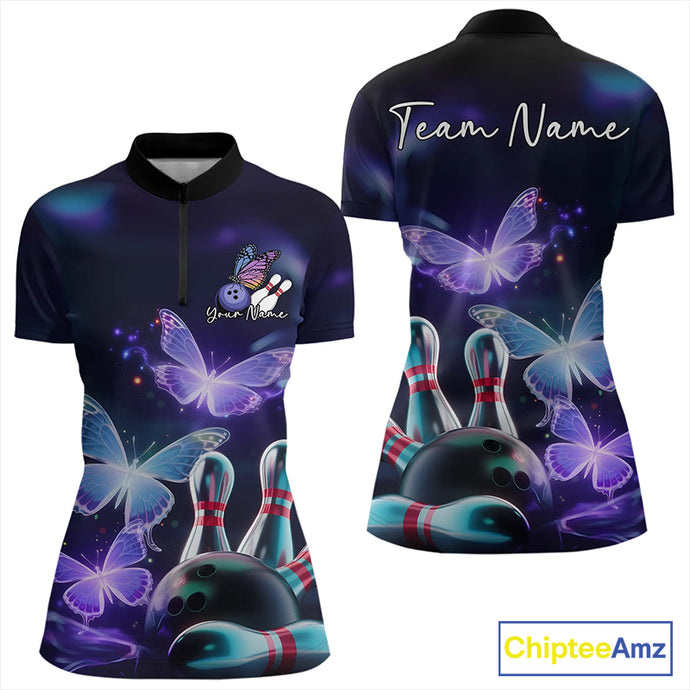 Custom Butterfly Bowling Quarter-Zip Shirts For Women, Bowling Team Shirt With Butterflies IPHW8147