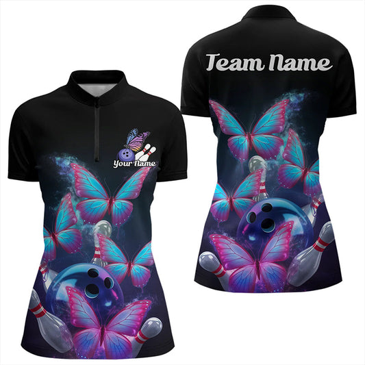Custom Blue And Purple Butterfly Bowling Quarter-Zip Shirts For Women, Bowling Team Shirt IPHW8149