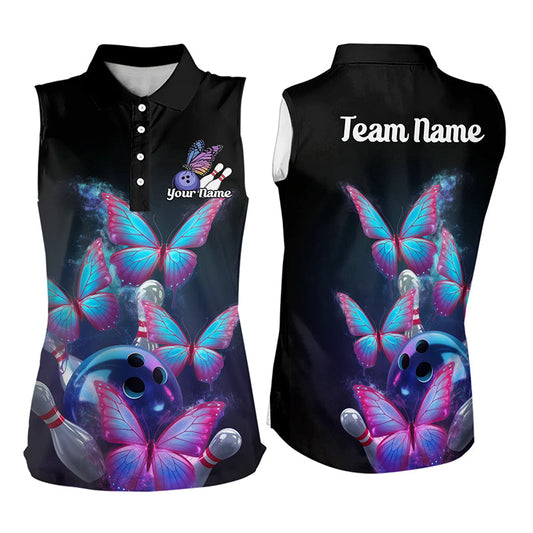 Custom Blue And Purple Butterfly Bowling Sleeveless Polo Shirts For Women, Bowling Team Shirt IPHW8149