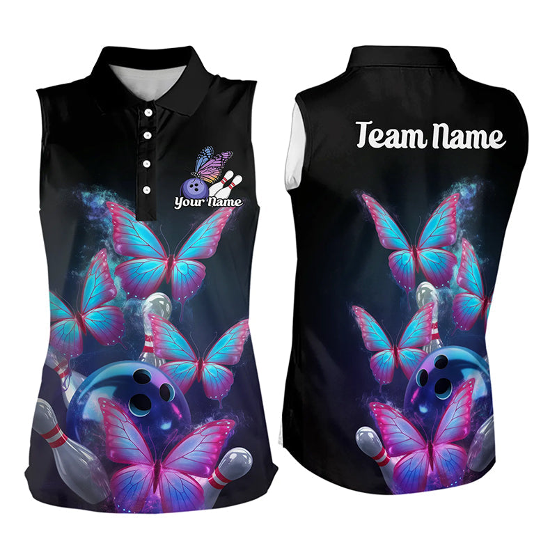 Custom Blue And Purple Butterfly Bowling Polo Shirts For Men, Bowling Team Shirt IPHW8149