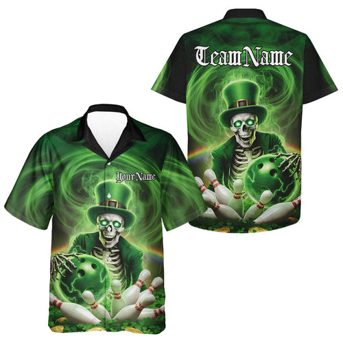 Custom Green St Patricks Day Skull Bowling Hawaiian Shirts For Men, Shamrock Bowling Shirt IPHW8377