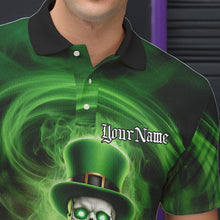 Load image into Gallery viewer, Custom Green St Patricks Day Skull Bowling Polo Shirts For Men, Shamrock Bowling Shirt IPHW8377