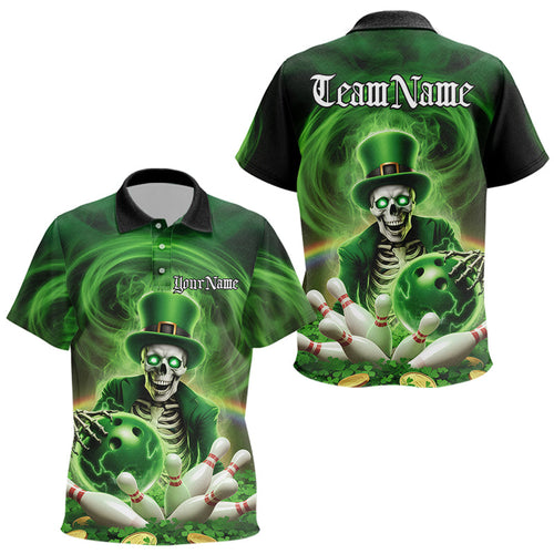 Custom Green St Patricks Day Skull Bowling Polo Shirts For Kid, Shamrock Bowling Shirt IPHW8377