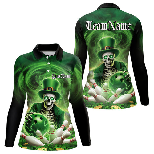 Custom Green St Patricks Skull Bowling Womens Long Sleeve Polo Shirts, Shamrock Bowling Shirt IPHW8377