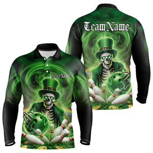 Custom Green St Patricks Day Skull Bowling Long Sleeve Polo Shirts For Men, Shamrock Bowling Shirt IPHW8377