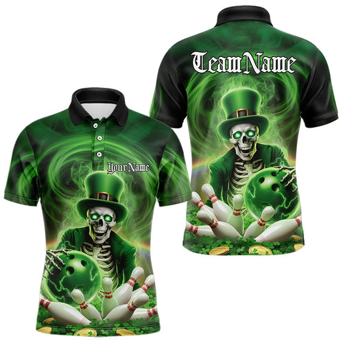 Custom Green St Patricks Day Skull Bowling Polo Shirts For Men, Shamrock Bowling Shirt IPHW8377