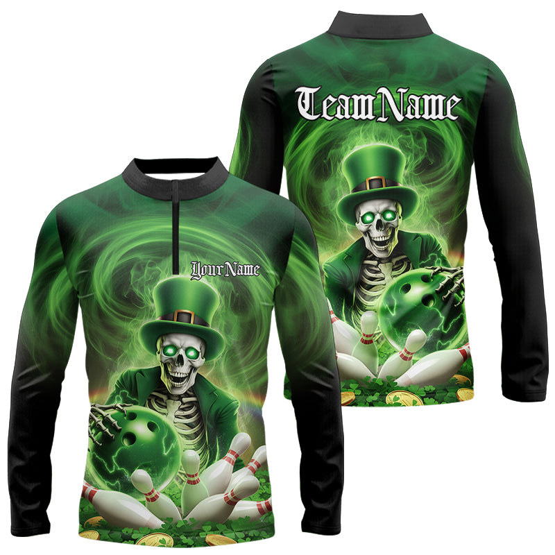 Custom Green St Patricks Skull Bowling Mens Long Sleeve Quarter-Zip Shirts, Shamrock Bowling Shirt IPHW8377