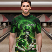 Load image into Gallery viewer, Custom Green St Patricks Day Skull Bowling Quarter-Zip Shirts For Men, Shamrock Bowling Shirt IPHW8377