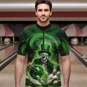 Custom Green St Patricks Day Skull Bowling Quarter-Zip Shirts For Men, Shamrock Bowling Shirt IPHW8377