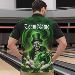 Custom Green St Patricks Day Skull Bowling Quarter-Zip Shirts For Men, Shamrock Bowling Shirt IPHW8377