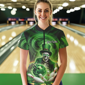 Custom Green St Patricks Day Skull Womens Bowling Quarter-Zip Shirt, Shamrock Bowling Shirt IPHW8377