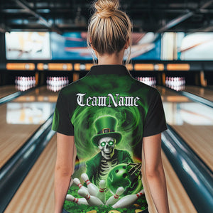 Custom Green St Patricks Day Skull Womens Bowling Quarter-Zip Shirt, Shamrock Bowling Shirt IPHW8377