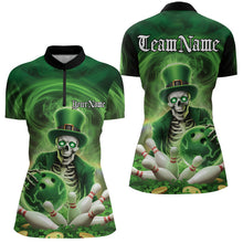 Load image into Gallery viewer, Custom Green St Patricks Day Skull Womens Bowling Quarter-Zip Shirt, Shamrock Bowling Shirt IPHW8377