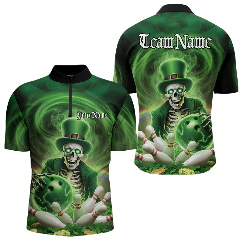 Custom Green St Patricks Day Skull Bowling Quarter-Zip Shirts For Men, Shamrock Bowling Shirt IPHW8377