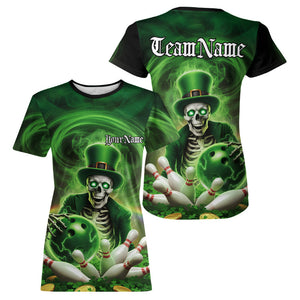 Custom Green St Patricks Day Skull Bowling T-Shirts For Women, Shamrock Bowling IPHW8377