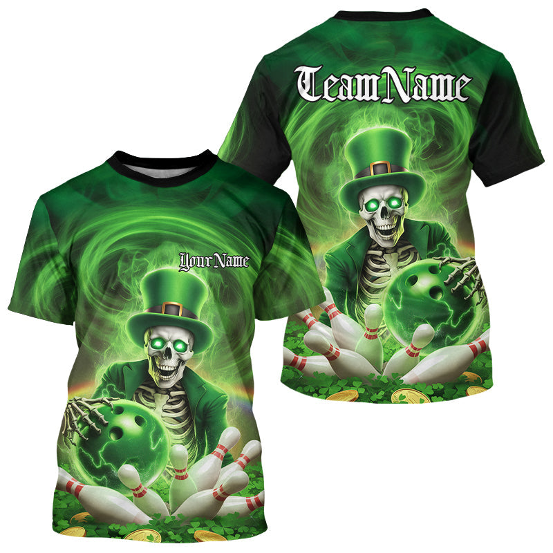 Custom Green St Patricks Day Skull Bowling T-Shirts For Men, Shamrock Bowling IPHW8377