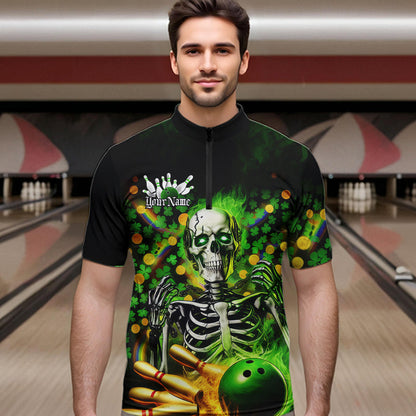 Custom Green Flame Skull Saint Patrick Day Bowling Quarter-Zip Shirts For Men, Shamrock Bowling IPHW8378
