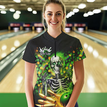 Load image into Gallery viewer, Custom Green Skull Saint Patrick Day Womens Bowling Quarter-Zip Shirt, Shamrock Bowling IPHW8378