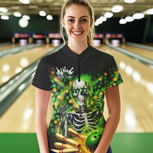 Custom Green Skull Saint Patrick Day Womens Bowling Quarter-Zip Shirt, Shamrock Bowling IPHW8378