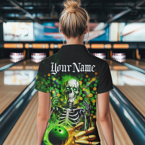 Custom Green Skull Saint Patrick Day Womens Bowling Quarter-Zip Shirt, Shamrock Bowling IPHW8378