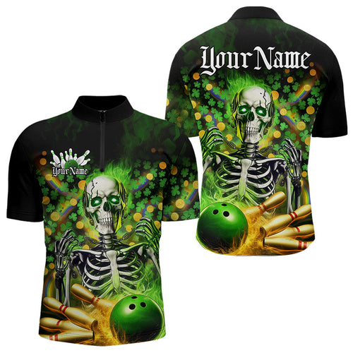 Custom Green Flame Skull Saint Patrick Day Bowling Quarter-Zip Shirts For Men, Shamrock Bowling IPHW8378