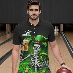 Custom Green St Patricks Day Funny Skull Drink Beer Bowling Polo Shirts For Men IPHW8380