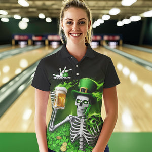 Custom Green St Patricks Day Funny Skull Drink Beer Bowling Polo Shirts For Women IPHW8380