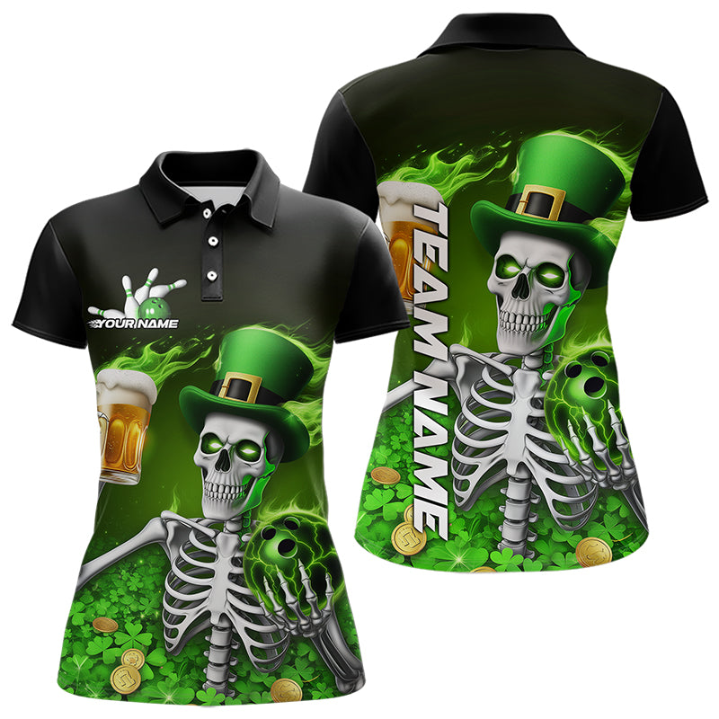 Custom Green St Patricks Day Funny Skull Drink Beer Bowling Polo Shirts For Women IPHW8380