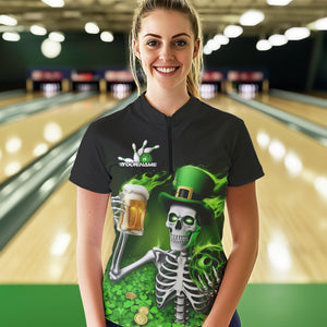 Custom Green St Patricks Day Funny Skull Drink Beer Bowling Quarter-Zip Shirts For Women IPHW8380