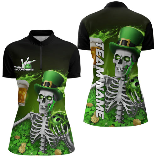 Custom Green St Patricks Day Funny Skull Drink Beer Bowling Quarter-Zip Shirts For Women IPHW8380