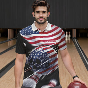 Custom US Flag Bowling League Shirts, Patriotic Bowling Team Polo Shirts For Men IPHW8385