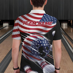 Custom US Flag Bowling League Shirts, Patriotic Bowling Team Polo Shirts For Men IPHW8385