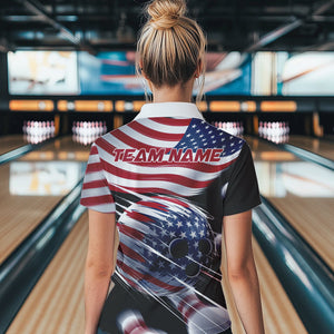 Custom US Flag Bowling League Shirts, Patriotic Bowling Team Polo Shirts For Women IPHW8385