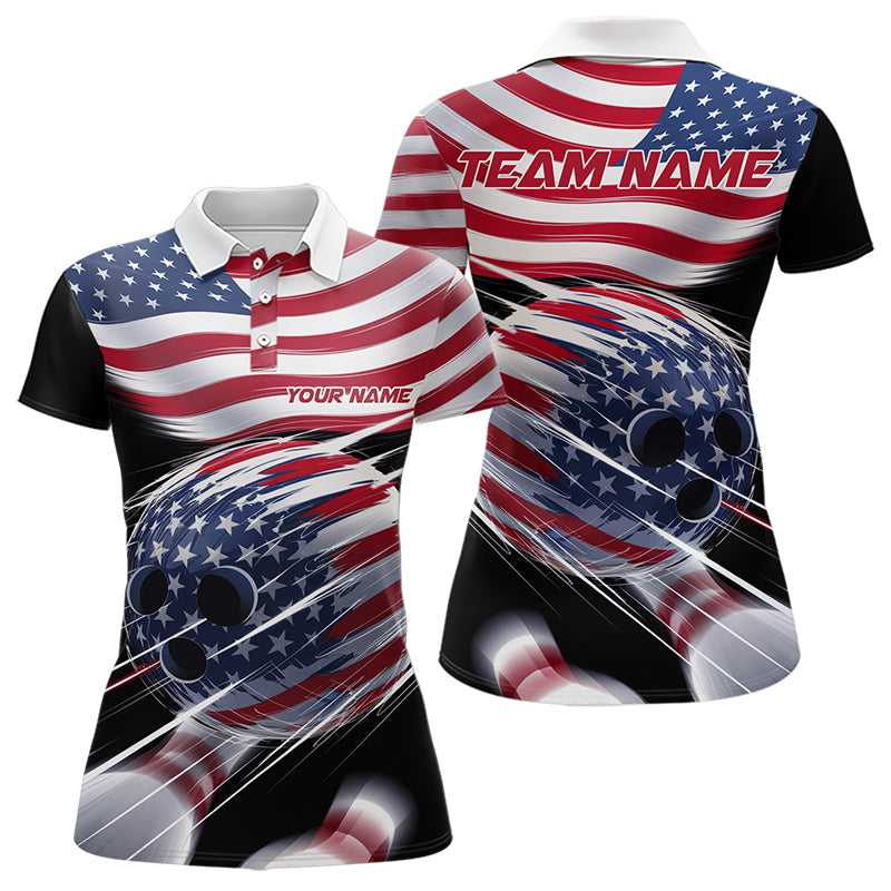 Custom US Flag Bowling League Shirts, Patriotic Bowling Team Polo Shirts For Women IPHW8385