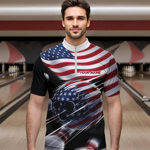 Custom US Flag Bowling League Shirts, Patriotic Bowling Team Quarter-Zip Shirts For Men IPHW8385