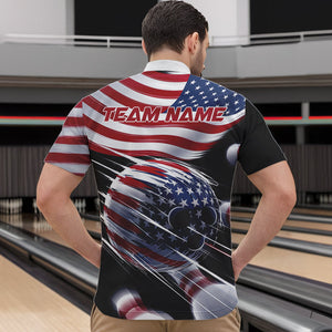 Custom US Flag Bowling League Shirts, Patriotic Bowling Team Quarter-Zip Shirts For Men IPHW8385