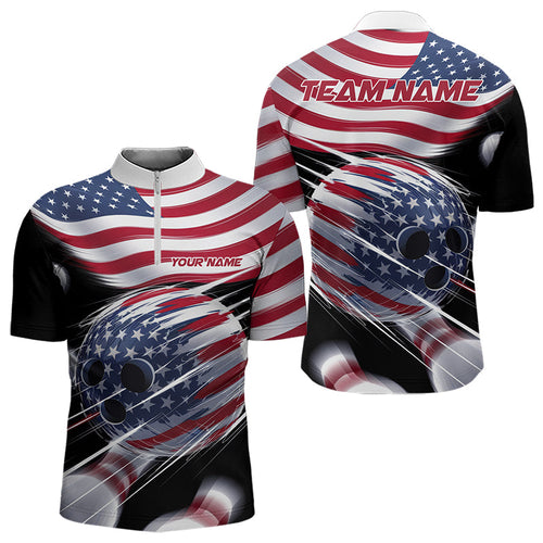 Custom US Flag Bowling League Shirts, Patriotic Bowling Team Quarter-Zip Shirts For Men IPHW8385