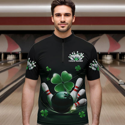 Custom Green Shamprock Saint Patricks Bowling Quarter-Zip Shirts For Men, Lucky Bowling Team Shirt IPHW8571