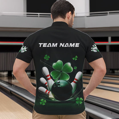 Custom Green Shamprock Saint Patricks Bowling Quarter-Zip Shirts For Men, Lucky Bowling Team Shirt IPHW8571