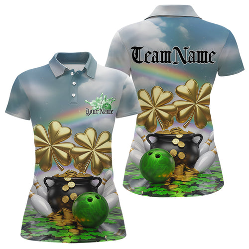Custom Saint Patricks Day Bowling Polo Team Shirts For Women, Lucky Bowling League Shirt IPHW8573