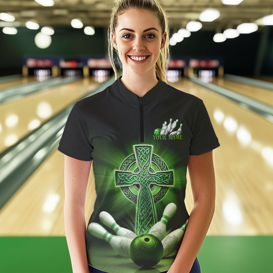 Custom Celtic Cross Faith Bowling Quarter-Zip Team Shirts For Women, Bowlers Outfits IPHW8577