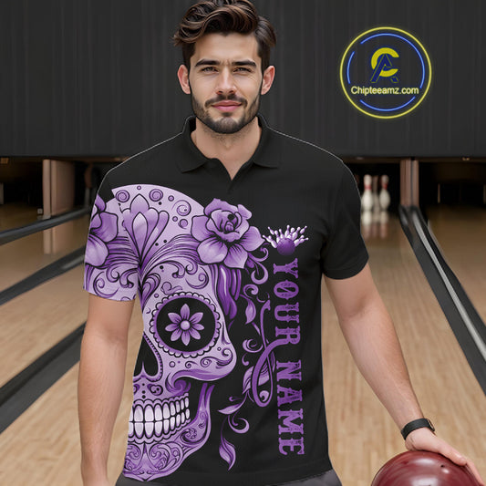 Purple Sugar Skull Tattoo Custom Men Bowling Polo Shirt, Halloween Team Bowling Jerseys IPHW10722