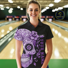 Load image into Gallery viewer, Purple Sugar Skull Tattoo Custom Women Bowling Polo Shirt, Halloween Team Bowling Jerseys IPHW10722