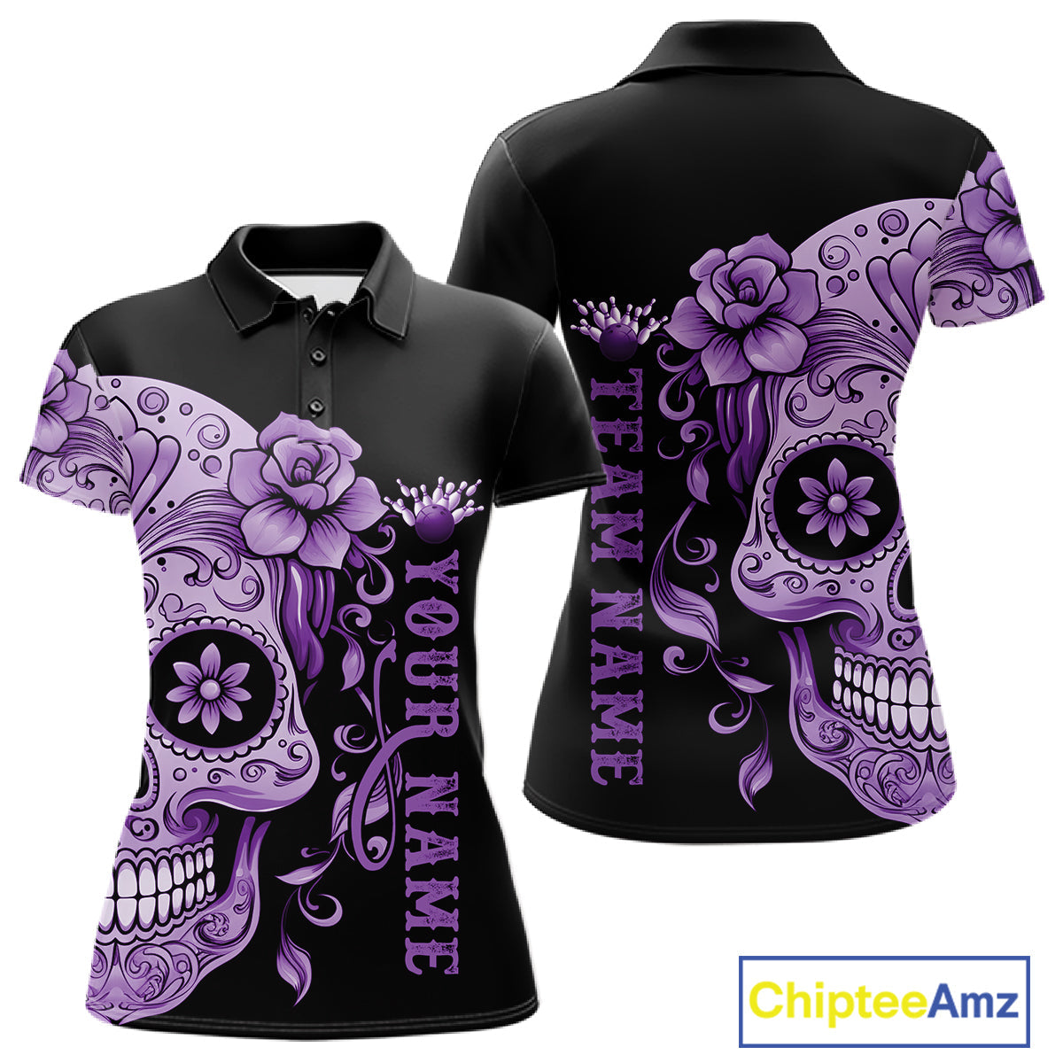 Purple Sugar Skull Tattoo Custom Women Bowling Polo Shirt, Halloween Team Bowling Jerseys IPHW10722
